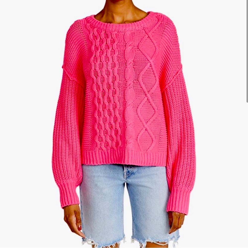 Free People Dream Cable Crewneck Sweater in Pink